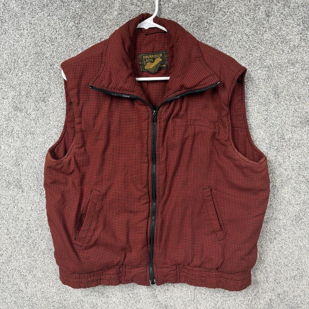 Vintage 80s Branded Lion Vest Mens L Red Black Quilted Puffer Grunge Gorpcore